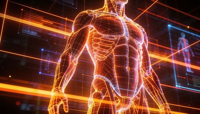 Holographic wireframe human model revealing ribcage and pelvis mesh in futuristic neon hud
