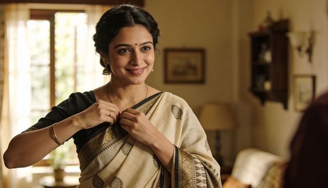 Indian woman adjusting cream sari pleat while smiling, wearing bindi and gold earrings