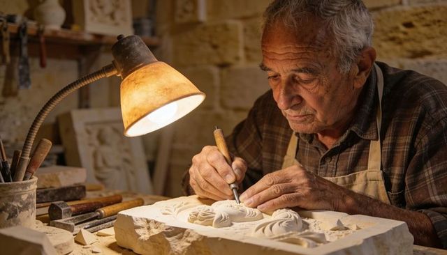 Elderly artisan carving ornate floral relief into limestone block under warm lamp lighting