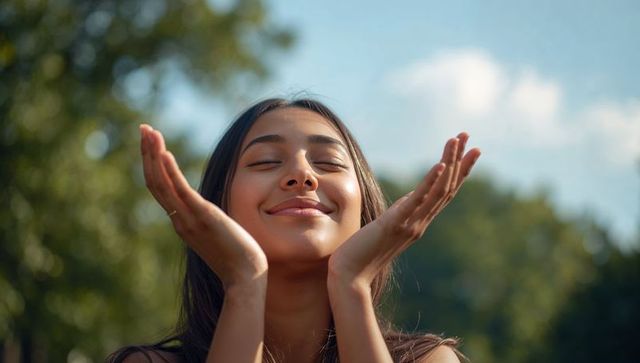 Sunlit joyful woman smiling, framing face with hands in park for summer wellness portrait