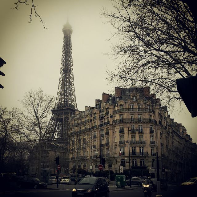 Misty morning view of the Eiffel Tower in Paris under cloudy skies. Historic buildings and bare trees under winter weather create a moody atmosphere. Perfect for travel blogs, European architecture photobooks, and tourism promotions capturing the elegance of Paris.