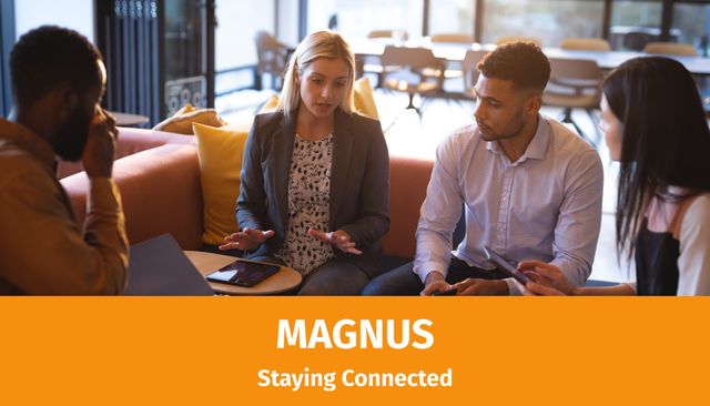 Composite of magnus staying connected text over diverse businesspeople in office - Download Free Stock Videos Pikwizard.com