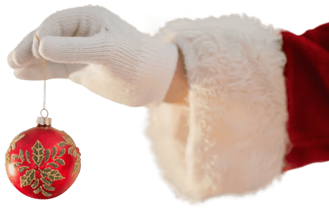 Santa Claus Hand Holding Christmas Bauble on Transparent Background