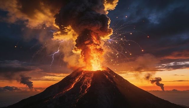 Erupting volcano sending glowing lava flows, ash plume and volcanic lightning at dusk