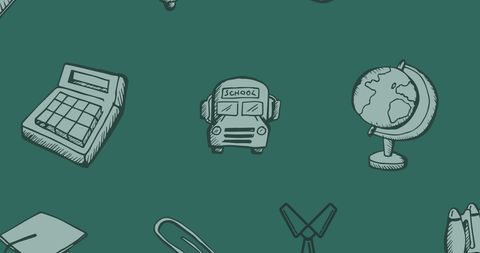 School Supplies Pattern on Green Background