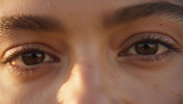 Close-up brown eyes at golden hour showing freckles, natural skin texture, nose bridge