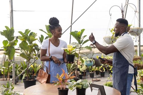 African american woman holding potted plant while nursery employee gesturing and assisting