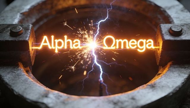Glowing alpha and omega electric arc between metal clamps with sparks