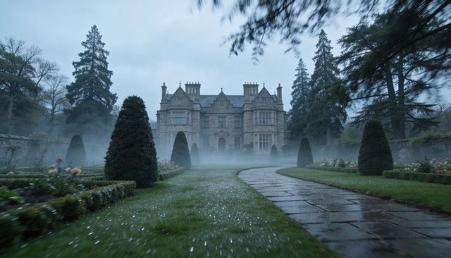 Misty stone manor rising through walled garden with curved path and trimmed topiary at dawn