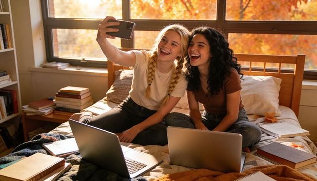 College roommates taking sunlit selfie while studying with laptops in autumn dorm