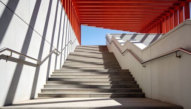Sunlit concrete stairs leading through red steel canopy with graphic shadow lines