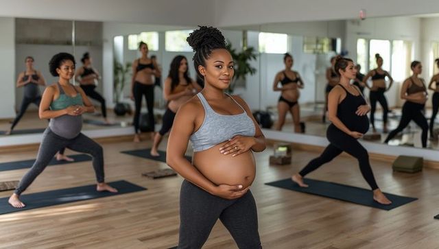 Pregnant women practicing prenatal yoga for health and mindfulness