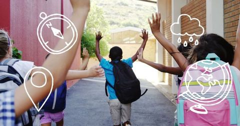Joyful Children Running to School with Learning Icons