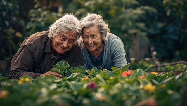 Senior Couple Enjoying Time in Lush Garden Filled with Flowers