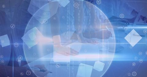 Futuristic Business Team Collaboration with Technology Interface Overlay