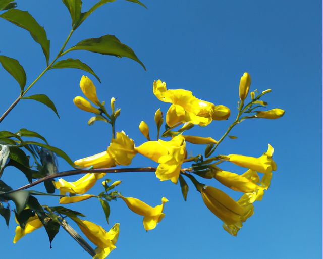 Bright yellow trumpet flowers bloom vividly against a clear blue sky. The fresh, vibrant colors create an uplifting and cheerful scene. Ideal for backgrounds, nature-themed presentations, stock photography collections on flowers, and wall art for a refreshing and natural aesthetic.