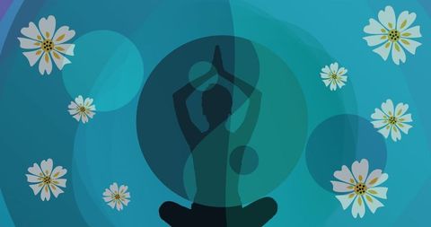 Silhouette of Woman Meditating Amidst Digital Floral Artwork