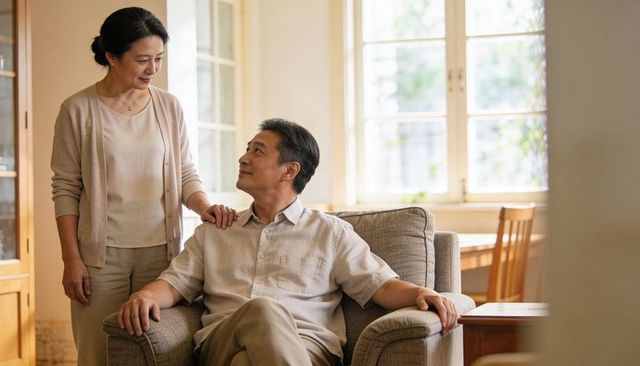 Senior couple sharing tender moment in sunlit living room showing care and comfort