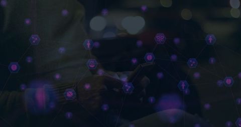 Businessman using smartphone with media interface icons overlay