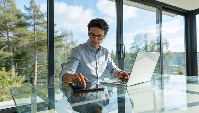 Asian professional working remotely at glass desk with laptop and tablet overlooking forest
