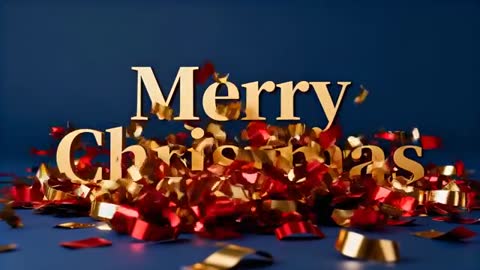 Gold Merry Christmas Letters Cascading Through Red and Gold Confetti on Blue Tabletop
