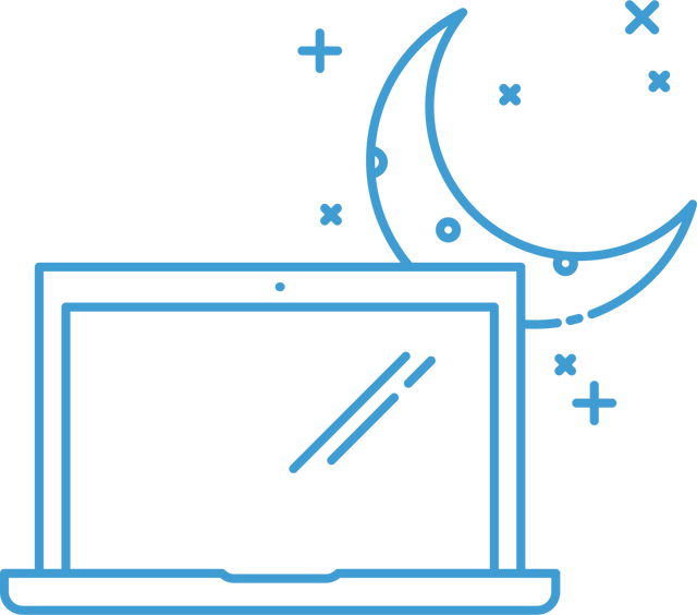 Transparent digital illustration featuring a blue outline of a laptop and crescent moon. Ideal for technology and night-themed projects, blogs about computing practices, online courses advertisements, and branding materials focused on late-night work hours or remote communication.