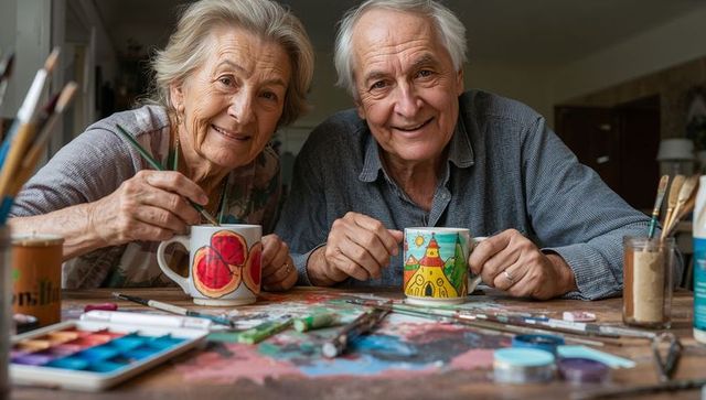 Senior couple painting colorful ceramic mugs together in cozy home craft session, retirement