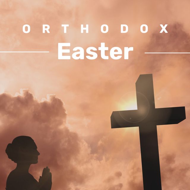 Orthodox Easter Celebration with Woman Praying to Cross at Sunset - Download Free Stock Templates Pikwizard.com