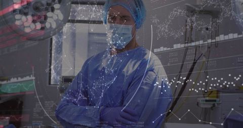 Surgeon standing in operating room with data overlay and monitoring technology