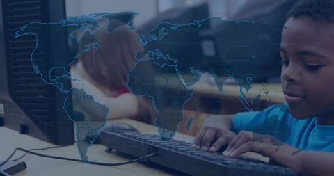 Young Students Engaged in Computer Class with Global Connectivity Concept