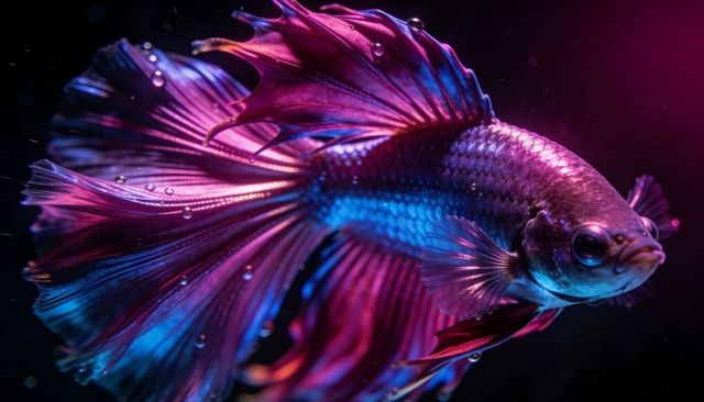 Gliding iridescent betta with flowing fins and magenta-blue lighting macro detail