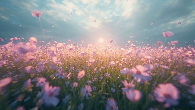Sun backlighting pink wildflower field, blooming pastel meadow with drifting petals