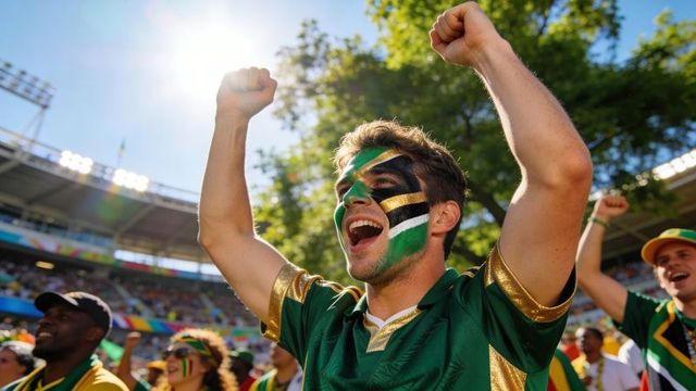 Male fan celebrating victory with tri-color face paint raising arms in sunny stadium crowd