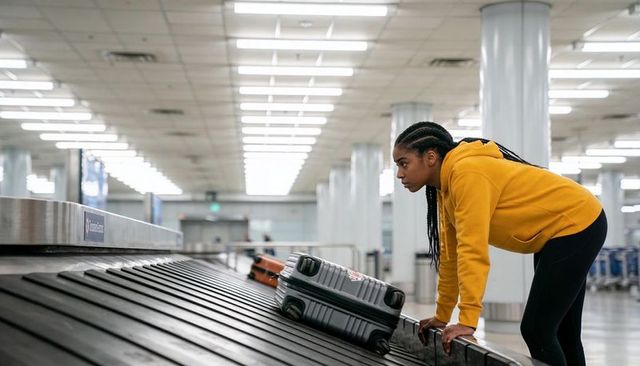 Female traveler leaning on baggage carousel checking suitcase in modern airport terminal