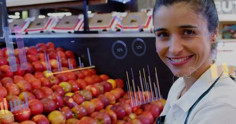 Smiling woman grocery shopping with data visualization overlay
