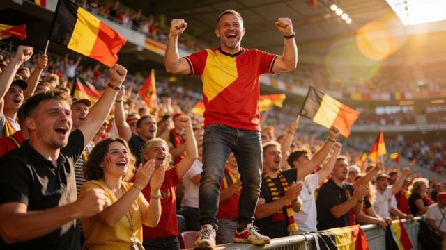 Belgian fans cheering in stadium wearing red yellow jerseys and waving flags