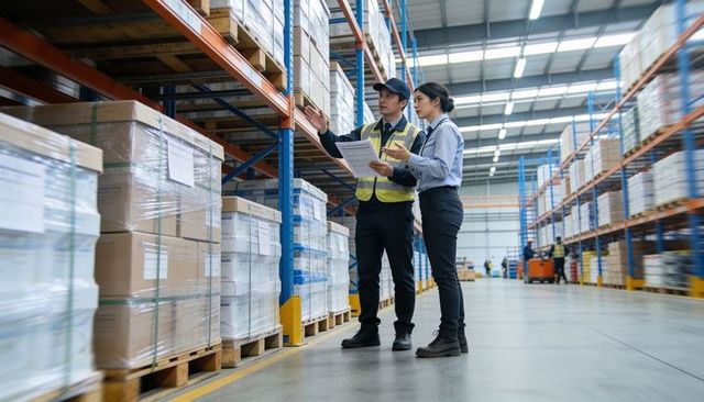 Warehouse team conducting inventory audit and shelf inspection in modern logistics center