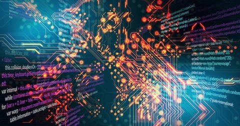 Pulsing Neon Circuit Network with Glowing Traces, Nodes and Floating Code for Cyber Tech