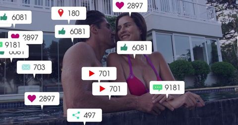 Romantic Couple Relaxing Poolside Surrounded by Social Media Icons