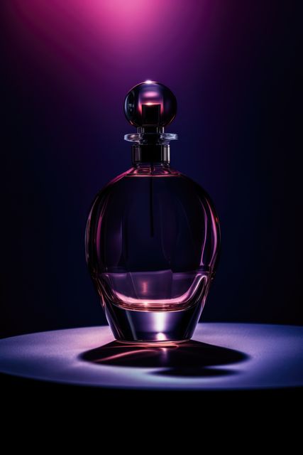 Curved glass perfume bottle in dark purple light, created using generative ai technology. Scent, fragrances and luxury goods concept digitally generated image.