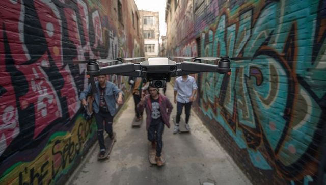 Urban quadcopter filming skateboarders riding through colorful graffiti alley