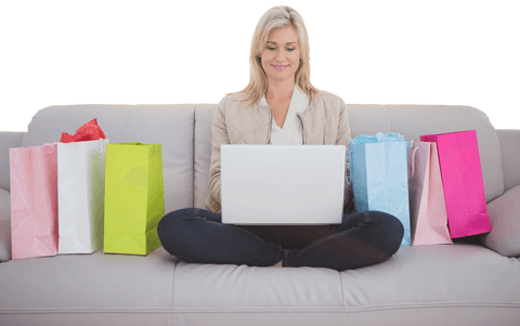 Caucasian Woman Online Shopping Surrounded by Bags on Transparent Background