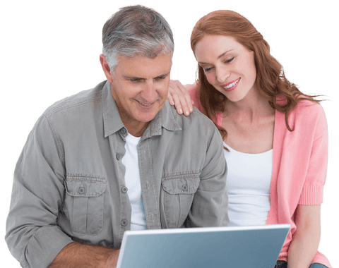 Smiling Casual Couple Looking at Laptop with Transparency