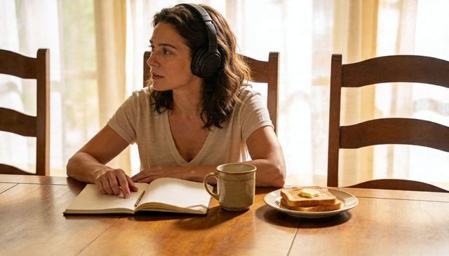 Midlife woman wearing headphones journaling at sunlit dining table with coffee and toast