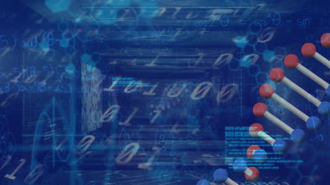 Futuristic DNA Structure with Binary Code on Blue Digital Background