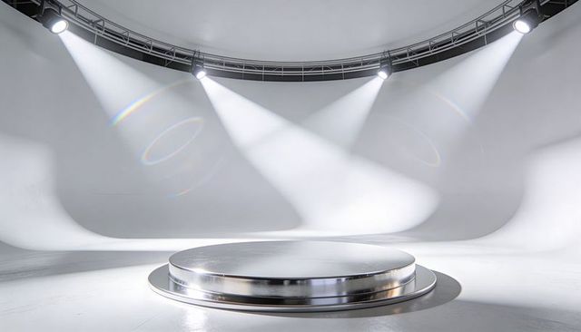 Futuristic Metallic Round Pedestal on White Cyclorama with Dramatic Spotlights