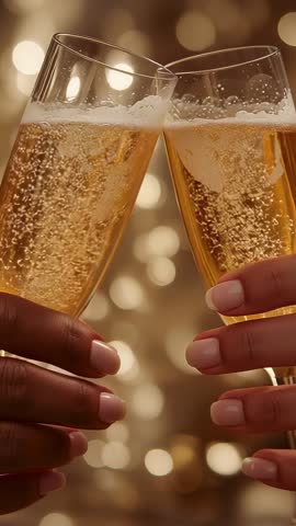 Hands Clinking Champagne Flutes Vertical Video Celebrating Golden Bokeh Party Lights