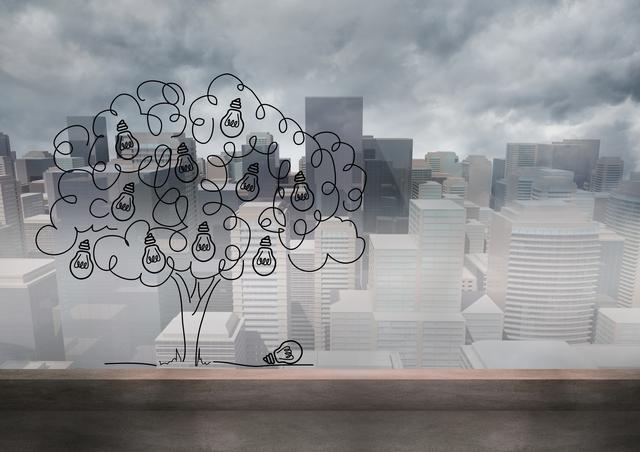 Conceptual illustration features a light bulb tree superimposed on a city landscape. This imagery blends the notion of ideas and innovation with urban development. Useful for themes related to sustainability, creativity, business innovation, smart cities, and technology. Ideal for articles, presentations, and marketing materials highlighting urban innovation, green solutions, and conceptual thinking.