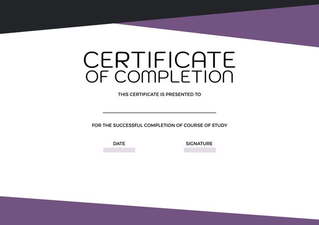 Modern certificate of completion design featuring black and purple elements on a white background. Perfect for educational institutions, companies, and workshops to certify completion of courses, training, or programs. Use this stylish and minimalist template to recognize achievements and promote professionalism.