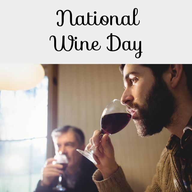 National Wine Day Celebration with Happy Caucasian Man Drinking Red Wine - Download Free Stock Templates Pikwizard.com